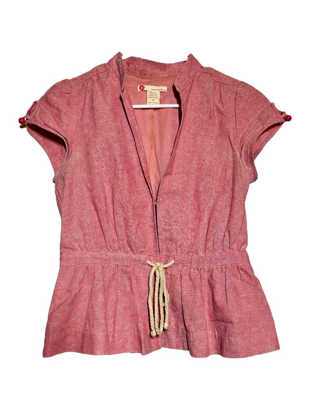 Vintage Forever Twenty One Linen Blouse Y2K Zip Up Cinched Waist V-Neck Pink S